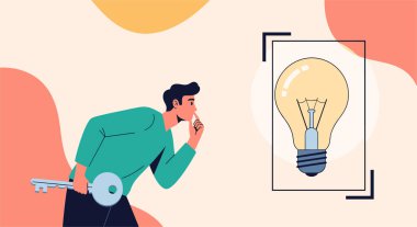 Elinde gümüş bir anahtar tutan iş adamı dev bir ampul simgesini düşünürken yaratıcı çözümler ve yenilikler arayışını temsil ediyor..