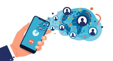 Bir elde tutulan akıllı telefon, iletişim kavramları için bir dünya haritası üzerinden küresel bir sosyal medya profili ağına bağlanır.