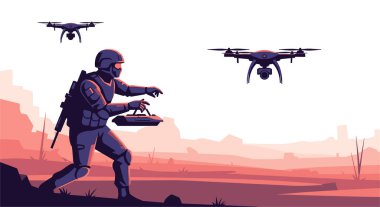 Gün batımında uzaktan kumandalı bir konsoldan insansız hava araçları yerleştiren bir askerin silüet çizimi..