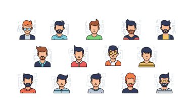 Kullanıcı profili tasarımı ve sosyal medya grafikleri için farklı saç stillerine sahip geniş erkek avatar simgeleri koleksiyonu.