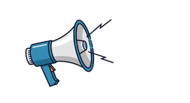 Sağ tarafa ses dalgaları yansıtan klasik mavi megafon duyuru, iletişim ve pazarlama mesajlarını temsil ediyor..