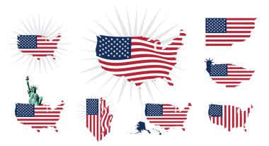 Amerika Birleşik Devletleri haritalarının ve vatansever sembollerin toplanması. Beyaz üzerinde yıldızlar ve çizgiler olan Amerikan bayrağı tasarımı..