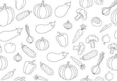 Beyaz arka planda balkabağı, havuç, soğan ve patlıcan gibi çeşitli siyah ve beyaz sebze hatları içeren kusursuz desenli tasarım..