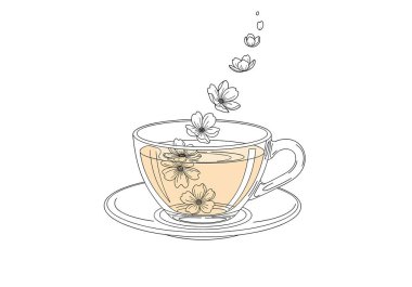 Kiraz çiçeklerinin yüzeye çıktığı ve buharda yükseldiği bir fincan çayın narin çizimi barışçıl bir hava yaratıyor..