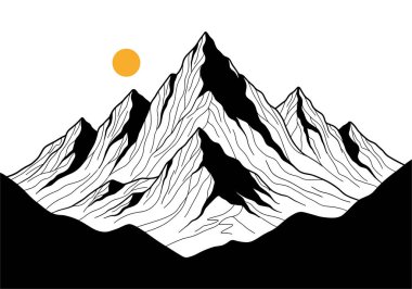 Dağ zirvelerinin dramatik çizgisi parlak turuncu güneş ve karanlık ön plandaki tepelere karşı durgun ve güçlü bir manzara yakalıyor..