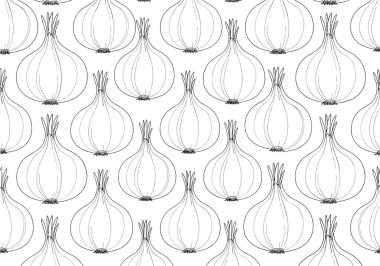 Mutfak ve ambalaj tasarımları için uygun, beyaz arka planda elle çizilmiş soğan çizgilerinin basit ve pürüzsüz deseni.