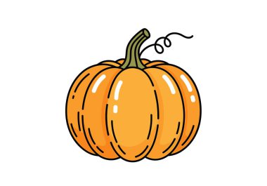 Dost canlısı portakal kabağı çizimi, üstünde yeşil bir sarmaşık, sonbahar hasadı ve cadılar bayramı grafikleri için mükemmel..