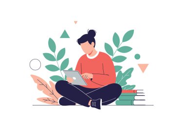 Kitaplar ve şekillendirilmiş bitkilerle çevrili tablet kullanırken bacak bacak üstüne atmış bir kadının modern çizimi, eğitim için idealdir..