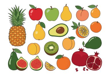 Beyaz arka planda ananas, elma, armut, portakal, avokado, kivi ve nar gibi çeşitli renklerde meyve koleksiyonu..