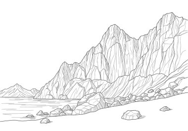 Yüksek dağları ve ön planda sakin bir denizi olan kayalık bir sahil şeridinin detaylı siyah beyaz çizimi..