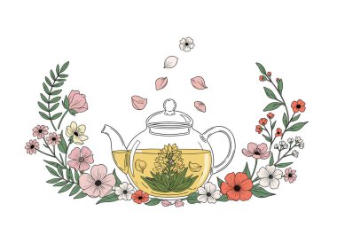 İçinde çiçek açan bir çay çiçeği olan güzel cam çaydanlık. Zarif pembe ve beyaz çiçeklerle çevrili..