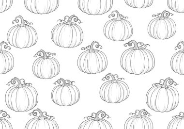 Beyaz arka planda tekrar eden kıvırcık saplı, narin el yapımı balkabağı desenli siyah beyaz desen..