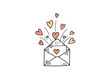 Üstten beyazlara karşı uçuşan küçük pembe ve turuncu kalplerin olduğu açık bir zarfın el çizimi..