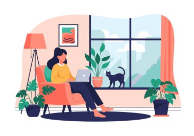 Oturma odasında dizüstü bilgisayarla çalışan bir kadının, pencere eşiğinde kedisi ve bir sürü bitkisi olan rahat bir ev sahnesi..