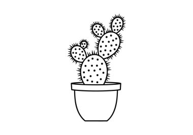 Basit bir seramik tencerede birkaç pedli dikenli armut kaktüsü siyah beyaz bir arkaplanda izole edilmiş siyah beyaz çizgi çizgisi çizimi..