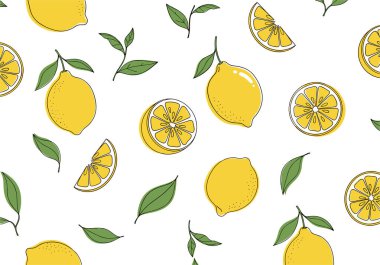 Taze ve lezzetli bir narenciye teması için beyaz bir zemin üzerinde tüm limon dilimleri ve yeşil yaprakların kusursuz tekrarlayan deseni.