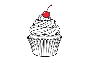 Ayrıntılı siyah-beyaz çizgili, beyaz arka planda tek bir kırmızı kiraz ve kremalı kek çizimi..