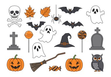 Bayram temalı projeler için çeşitli cadılar bayramı simgelerinin toplanması. Hayaletler, balkabakları, yarasaların kafatası ve diğer ürkütücü unsurlar..