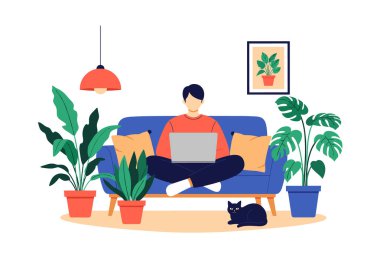 İç mekan bitkileriyle çevrili mavi bir koltukta ve rahat bir odada siyah bir kediyle otururken dizüstü bilgisayarda çalışan serbest çalışan bir adam..