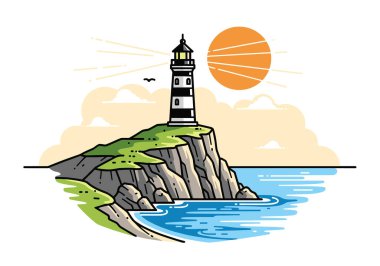 Parlak bir güneşle gün batımında okyanusa bakan çimenli bir uçurumun üzerinde duran çizgili bir deniz fenerinin canlı bir çizimi.