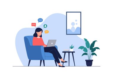 Mavi bir koltukta oturmuş sohbet baloncukları olan bir dizüstü bilgisayarla çalışan bir kadının modern çizimi..