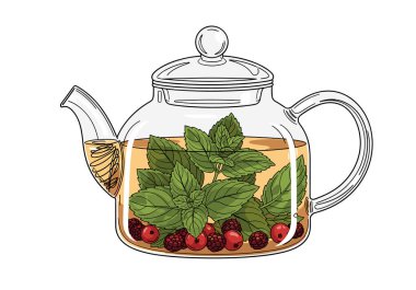 Taze yeşil nane yaprakları ve sade beyaz arka planda izole edilmiş koyu kırmızı böğürtlenler içeren ferahlatıcı bitkisel çayla dolu cam çaydanlık..