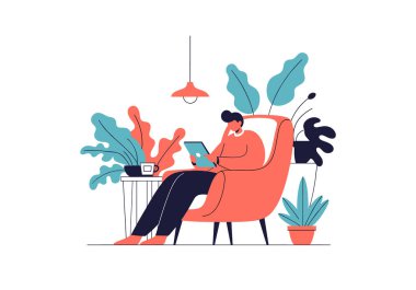 İçerideki bitkilerle dolu bir odada dijital tablet kullanırken rahat bir turuncu koltukta rahatlayan bir insanın modern çizimi.