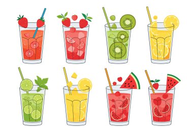 Kamışlı, çilekli, kivili, limonlu, portakallı, limonlu, limonlu ve karpuzlu sekiz farklı meyve kokteyli..