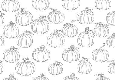 Beyaz arka planda çeşitli kıvrımlı balkabakları ve dikey çıkıntıları içeren büyüleyici siyah ve beyaz desenler..