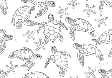 Yüzen deniz kaplumbağalarını ve okyanustaki küçük su kabarcıkları arasında çeşitli deniz yıldızlarını tasvir eden siyah ve beyaz desenli güzel bir desen..