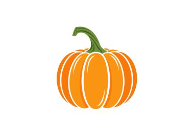 Beyaz röfleli turuncu bir balkabağının basit minimalist simgesi ve mevsimsel kullanım için beyaz zemin üzerinde koyu yeşil bir gövde.