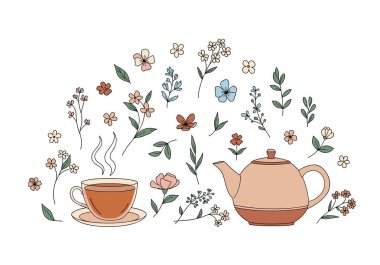 Elle çizilmiş çiçek elementlerinin toplanması. Buğulanmış bir fincan bitki çayı ve beyaz arka planda klasik bir çaydanlık içeriyor..
