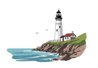 Mavi denizin kenarındaki kayalık bir uçurumda uçan kuşlarla birlikte açık bir gökyüzünün altında duran beyaz bir deniz fenerinin görüntüsü..