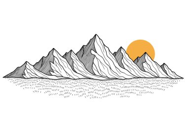 Minimalist dağ manzarası çizimi, pürüzlü tepeler ve dokulu çimenli bir arazinin üzerinde büyük turuncu bir güneş barındırıyor..