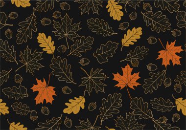 Renkli sonbahar yaprakları, turuncu, sarı ve kahverengi tonlarda meşe palamudu ve siyah arka planda koyu lekeli desenler..