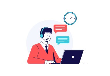 Profesyonel müşteri hizmetleri temsilcisi kulaklık takıyor ve sohbet baloncukları ve arka planda saati olan bir laptopta çalışıyor..