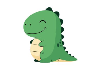 Minik yeşil dinozor, mutlu bir ifade ve sırtında koyu yeşil plakalar düz beyaz arka planda profilde duruyor..