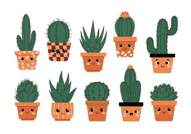 On çeşit kaktüs ve tatlı gülen yüzlü ve farklı şekillerde basit bir tasarım tarzında dekoratif kaplarda sulu bir grup..