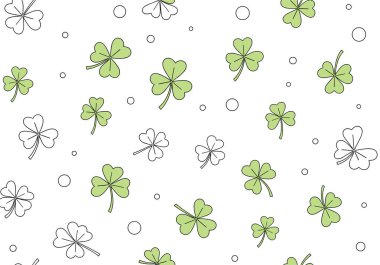 Tatil dekorasyonu için temiz beyaz arka planda çeşitli yeşil ve beyaz yoncalar ve küçük noktalar içeren kusursuz vektör deseni.