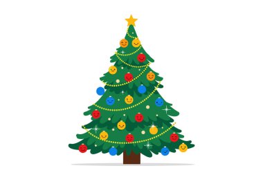 Geleneksel Noel ağacı rengarenk süslemeler, altın süslemeler ve düz bir dizaynla süslenmiş parlak sarı bir yıldız..