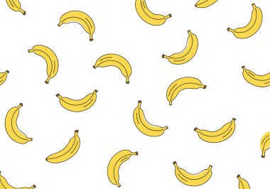 Çeşitli yönlerde sarı muzlar içeren kusursuz meyve desenleri vektör tarzında sade beyaz bir arkaplana saçılmış..