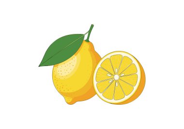 Taze sarı limon ve yeşil yapraklı sulu yarım limon. Detaylı bir vektör içinde temiz beyaz bir arkaplanda sergileniyor..