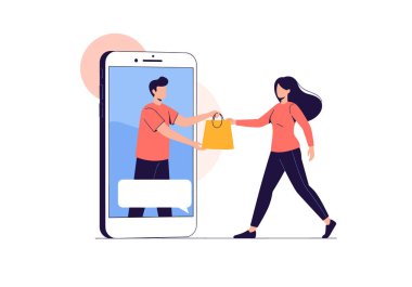 Modern kavramsal illüstrasyon, bir kadının akıllı telefon ekranından bir teslimatçıdan alışveriş çantası aldığını gösteriyor..