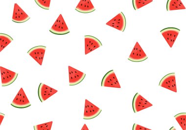 Tazeleyici, parlak kırmızı karpuz dilimleri ve temiz beyaz arka plana saçılmış siyah tohumlar..