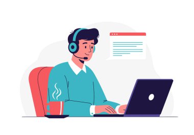 Kulaklık takan profesyonel müşteri destek ajanı bilgisayarında dijital mesaj penceresi ve masasında kahve fincanı var..