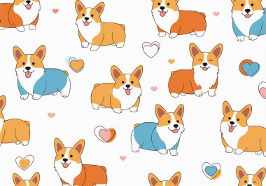Değişik pozlarda şirin Corgi köpekleri var. Renkli kalpler temiz beyaz bir arkaplana saçılmış..