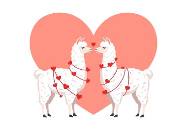 Boyunlarında çelenklerle birbirlerine bakan iki tüylü beyaz lamba büyük kırmızı bir kalp zeminine karşı dururlar..