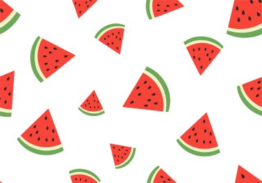 Canlı, pürüzsüz desenler elde çizilmiş karpuz dilimleri ile kırmızı et ve siyah tohumlar temiz beyaz arka plana saçılmış..