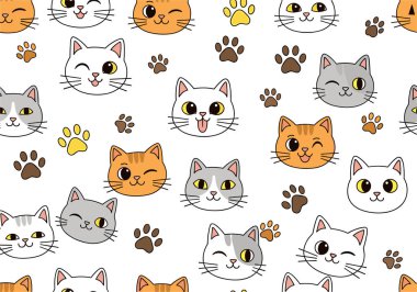 Lezzetli dikişsiz desen, temiz beyaz arka planda farklı renklerde kedi yüzleri ve renkli pençe izleri içerir..