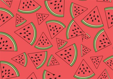 Yoğun, pürüzsüz desen, kırmızı arka planda siyah tohumlu üst üste binen karpuz dilimlerini gösteriyor..